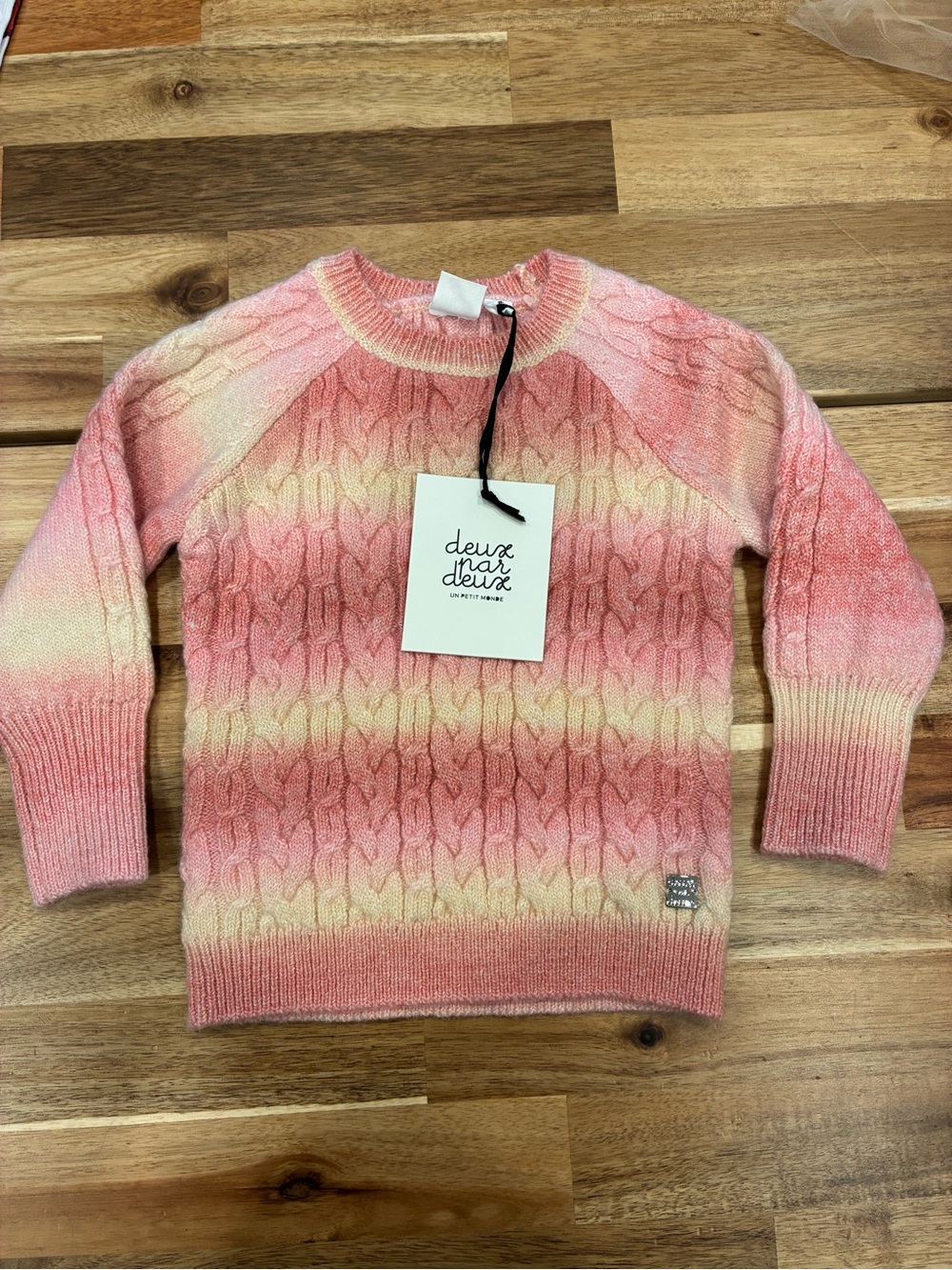 deux par deux Pink and Cream Ombre Cable-Knit Crew Sweater